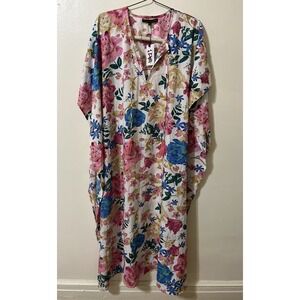 America & Beyond tropical flowers deep V-neck maxi dress Caftan sz XL NWT Defect